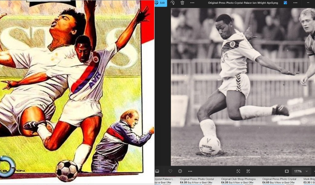 The Kick Off 2 box art beside the black-and-white press photo of Andy Gray, showing the same shooting pose from a different angle.