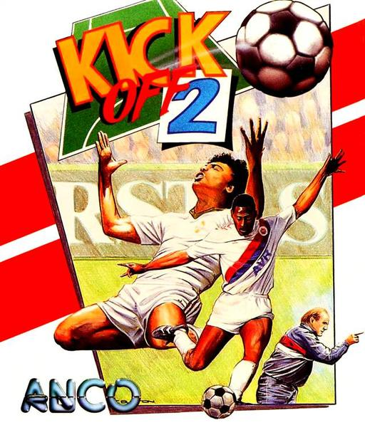 The Kick Off 2 Amiga box art: a white-shirted player about to shoot, a second player kneeling behind him with arms raised in celebration, and a coach pointing.