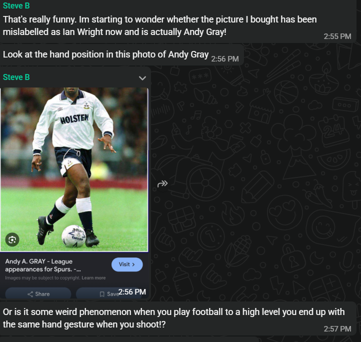 WhatsApp messages from Steve B wondering whether his photo was mislabelled, sharing an Andy Gray Spurs photo, and joking about footballers' hand gestures.